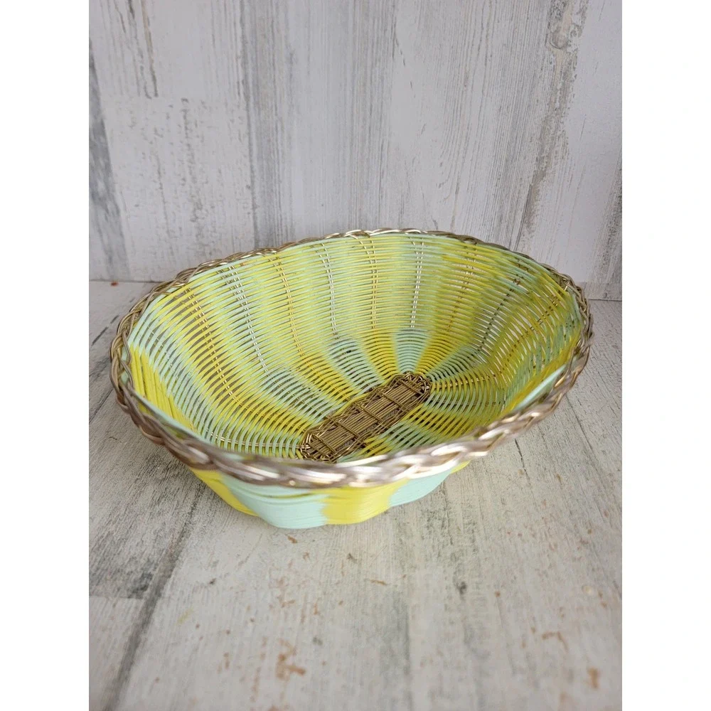 Small Easter yellow‎ green wicker basket spring metal rimmed home decor